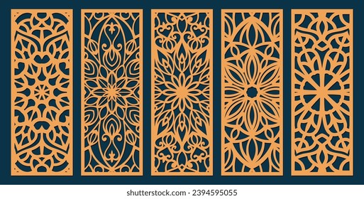 Big set of vertical panels, gratings. Abstract ornament, geometric, classic, oriental pattern, floral and plant motifs. Template for plotter laser cutting of paper, metal engraving, wood carving, cnc