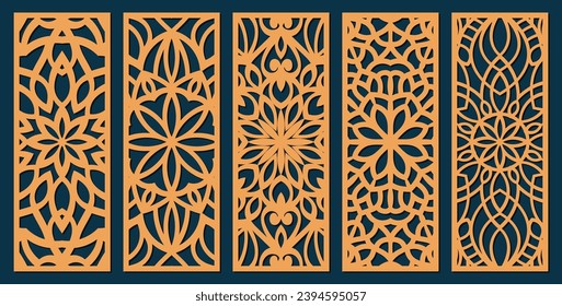 Big set of vertical panels, gratings. Abstract ornament, geometric, classic, oriental pattern, floral and plant motifs. Template for plotter laser cutting of paper, metal engraving, wood carving, cnc