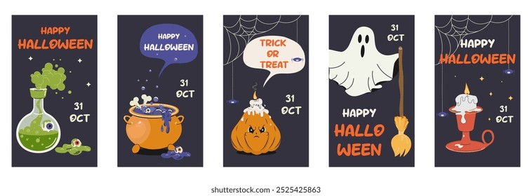 Big set of vertical posters for Halloween, cover for social media post, party invitations, cards. Characters in the form of pumpkin, ghost, a witch's cauldron with a potion. Vector  illustration.