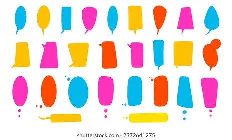 Big set of vertical speech bubbles. Coloured shapes on a white background. Thoughts, chat, speech, speak. 