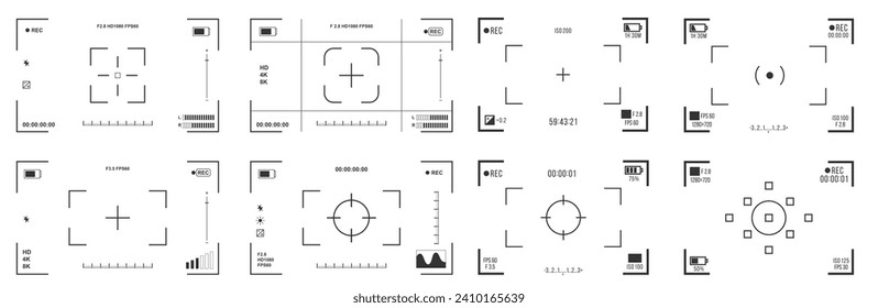 Big set of Video camera viewfinder . Camera display full hd format. Vector design.