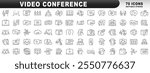 Big set of video conference line icons. Meeting, online, live, call etc. Editable stroke