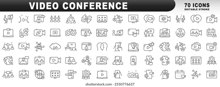 Big set of video conference line icons. Meeting, online, live, call etc. Editable stroke