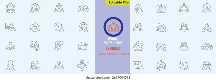 Big set of video conference line icons. Meeting, online, live, call etc. Editable stroke