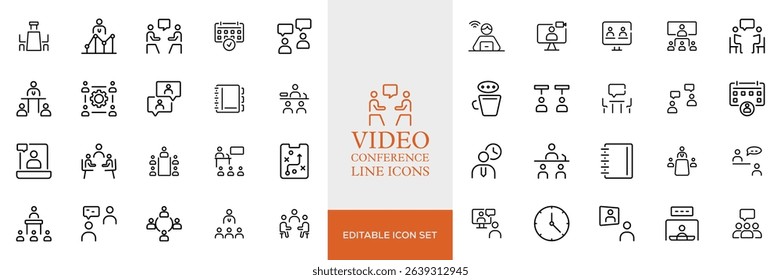 Big set of video conference line icons. Meeting, online, live, call etc. Editable stroke