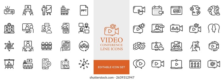 Big set of video conference line icons. Meeting, online, live, call etc. Editable stroke