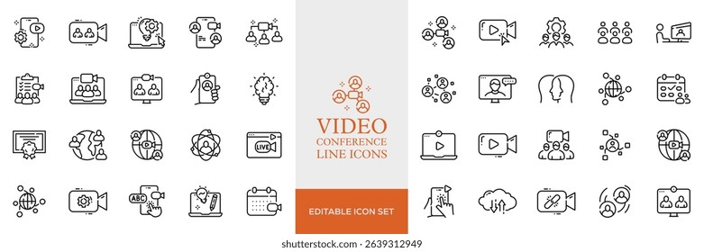 Big set of video conference line icons. Meeting, online, live, call etc. Editable stroke