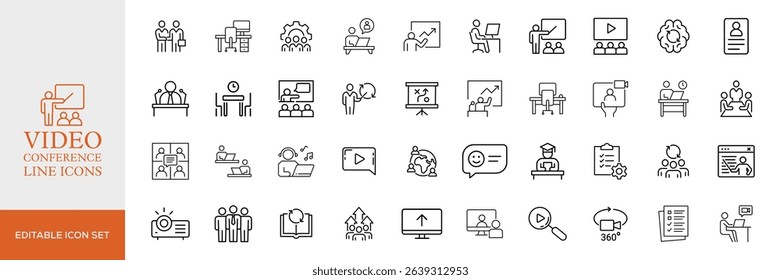 Big set of video conference line icons. Meeting, online, live, call etc. Editable stroke