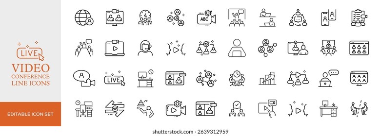 Big set of video conference line icons. Meeting, online, live, call etc. Editable stroke