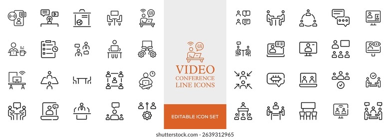 Big set of video conference line icons. Meeting, online, live, call etc. Editable stroke