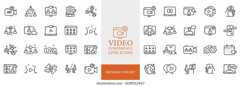Big set of video conference line icons. Meeting, online, live, call etc. Editable stroke