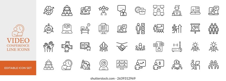 Big set of video conference line icons. Meeting, online, live, call etc. Editable stroke