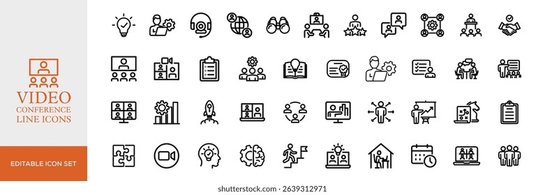 Big set of video conference line icons. Meeting, online, live, call etc. Editable stroke