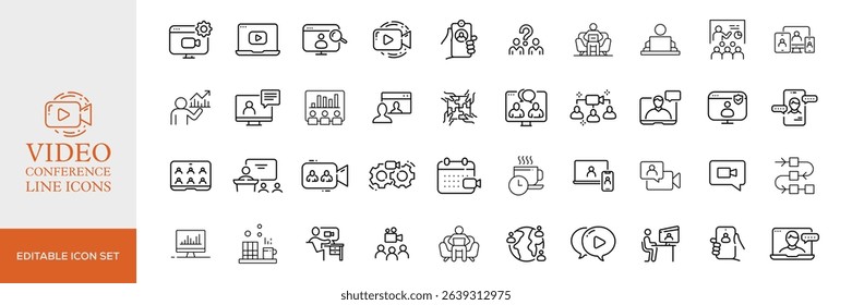 Big set of video conference line icons. Meeting, online, live, call etc. Editable stroke