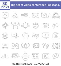 Big set of video conference line icons. Meeting, online, live, call etc.