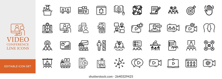 Big set of video conference line icons. Meeting, online, live, call etc. Editable stroke