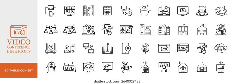 Big set of video conference line icons. Meeting, online, live, call etc. Editable stroke