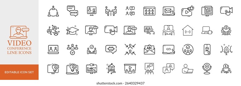 Big set of video conference line icons. Meeting, online, live, call etc. Editable stroke