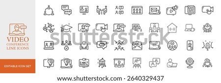 Big set of video conference line icons. Meeting, online, live, call etc. Editable stroke