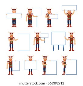 Big set of viking characters posing with different blank banners. Cheerful viking holding paper, poster, placard, pointing to whiteboard. Teach, advertise, promote. Simple vector illustration