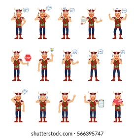 Big set of viking characters showing different actions, gestures, emotions. Cheerful viking talking on phone, holding stop sign, reading a book and doing other actions. Simple vector illustration