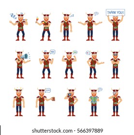 Big set of viking characters showing different actions, gestures, emotions. Cheerful viking singing, sleeping, holding loudspeaker, mug of beer, map and doing other actions. Simple vector illustration