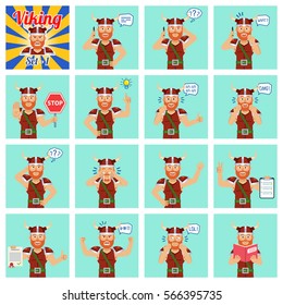 Big set of viking emoticons showing different actions, gestures, emotions. Cheerful viking talking on phone, holding stop sign, reading a book and doing other actions. Simple vector illustration