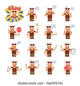 Big set of viking emoticons showing different actions, gestures, emotions. Cheerful viking talking on phone, holding stop sign, reading a book and doing other actions. Simple vector illustration