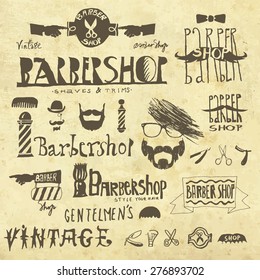 Big set of vintage Barbershop (hair salon) logo, labels, badges, street signs and design element. Hand drawn vector collection