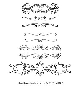 Big set of vintage border elements. Vector decoration collection. Hand drawn flowers, leaves and page decor.