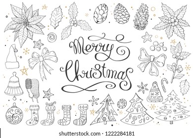 Big set with vintage Christmas decoration. Festive elements and symbols for new year season design. Isolated on white background. Monochrome, contour, black and white. Hand drawn vector illustration.
