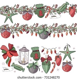 Big set with vintage Christmas decoration.  Endless pattern brushes with cones, glass balls and candy. Festive elements and symbols, retro style, for new year season design. Contour, hand drawn.