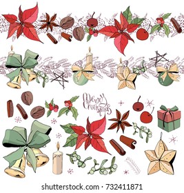 Big set with vintage Christmas decoration.  Endless pattern brushes with fir branches and glass balls. Festive elements and symbols, retro style, for new year season design. Contour, hand drawn.