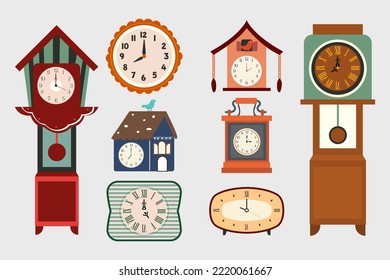 Big set of vintage clock. Vector illustration old watch on white background. Vector cartoon set icon antique clock.