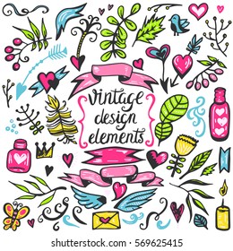 Big set of vintage design elements. Hand drawn vector illustration with flowers, leaves, ribbons, arrows and page decor. Decoration collection for wedding, valentine's day, romantic events.