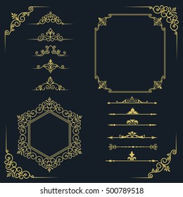 Big set of vintage elements. Frames, dividers for your design. Golden Components in royal style. Elements for design menus, websites, certificates, boutiques, salons, etc Making your logo and monogram