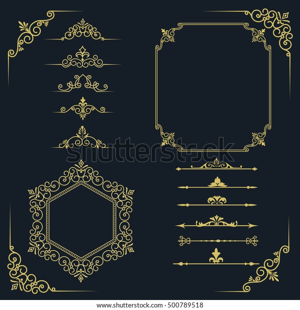 Big set of vintage elements. Frames, dividers\
for your design. Golden Components in royal style. Elements for\
design menus, websites, certificates, boutiques, salons, etc Making\
your logo and monogram