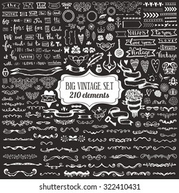 Big set of vintage elements. Vector decoration collection. Hand drawn flowers and leaves, ribbons and page decor.