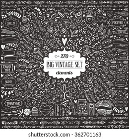 Big set of vintage elements. Vector decoration collection. Hand drawn flowers and leaves, arrows and page decor.