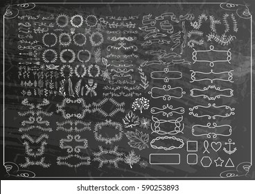 Big set of vintage elements. Vector decoration collection. Hand drawn flowers and leaves, ribbons and page decor.