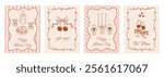Big set of vintage greeting cards for Valentine's Day in coquette style. Vector romantic border with ribbon frame and bow in the la Dolce Vita aesthetic. Doodle hand drawn glasses, cake, cherry etc.