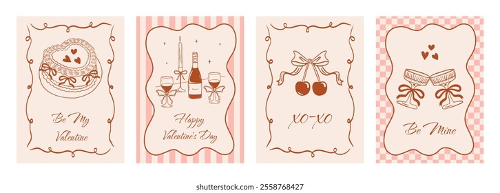 Big set of vintage greeting cards for Valentine's Day in coquette style. Romantic border with ribbon frame and bow in the la Dolce Vita aesthetic. Vector doodle hand drawn illustration.