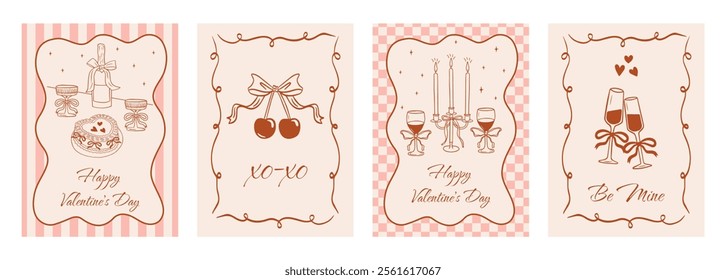 Big set of vintage greeting cards for Valentine's Day in coquette style. Vector romantic border with ribbon frame and bow in the la Dolce Vita aesthetic. Doodle hand drawn glasses, cake, cherry etc.