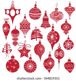 Big set vintage  holiday Christmas and New Year tree ball for greeting cards Elegant winter decor pattern for your design. Vector illustration, red silhouette 