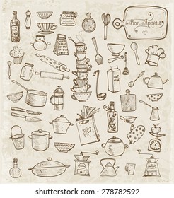 Big set of vintage kitchen utensils hand-drawn with ink. Vector illustration. 