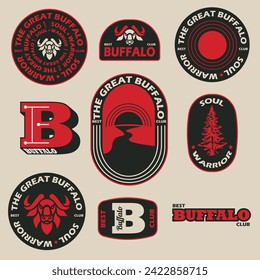 Big set of vintage labels and badges with buffalo animal mascot.