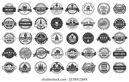 Big set of vintage monochrome brewing company logo templates with beer glass, hop, barrel and bottle for bar, pub, brewery, restaurant and beerhouse