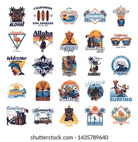 Big set vintage print collection Summer Hawaii California paradise surfing retro icons logo with sea ocean animals wave view palms travel beach surfer poster t shirt sticker patch fashion illustration