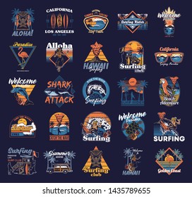 Big set vintage print collection Summer Hawaii California paradise surfing retro icons logo with sea ocean animals wave view palms travel beach surfer poster t shirt sticker patch fashion illustration