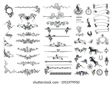 Big set of vintage ribbon, dividers, birds, horses, carriage, clocks, plants and design elements for decorating wedding cards, flyers, invitations, book pages and social network